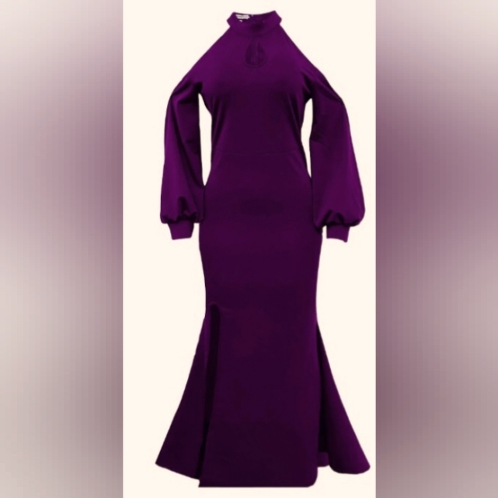 NEW Purple Halter Evening Party Dress with Cut-out Shoulders and Long Sleeves